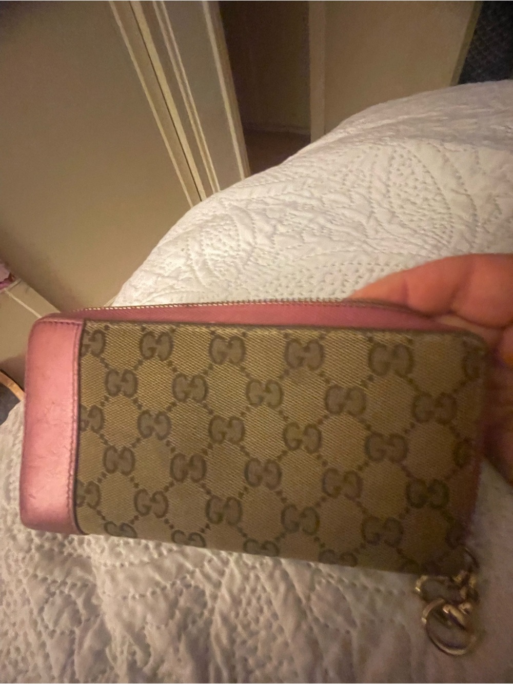 Gucci Brown GG Monogram Wallet with Pink Trim